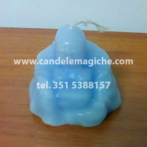 candela a forma di buddha di colore celeste