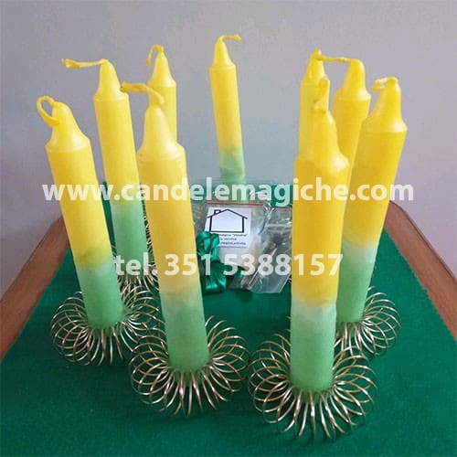 set di candele gialle e verdi per il rituale novena quattro venti