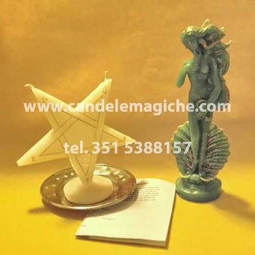 statuetta di venere e candela a forma di stella per il rito luciferiano di venere
