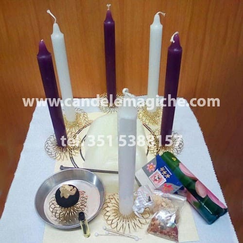 kit candele bianche e viola per rituale della candela del pensiero