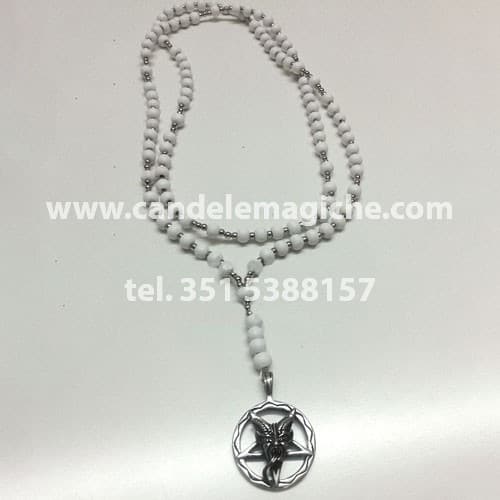 collana rosario con palline bianche e ciondolo di baphomet