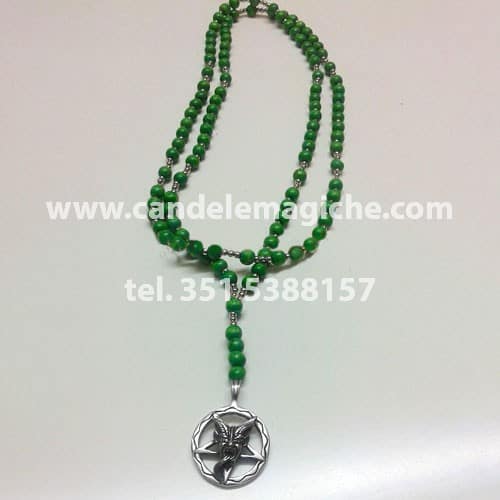 collana rosario con palline verdi e ciondolo di baphomet